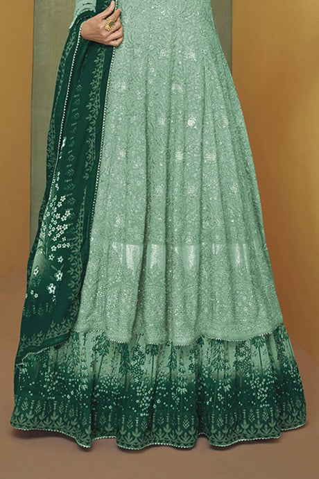 Sea Green Faux Georgette Embroidered Designer Suit