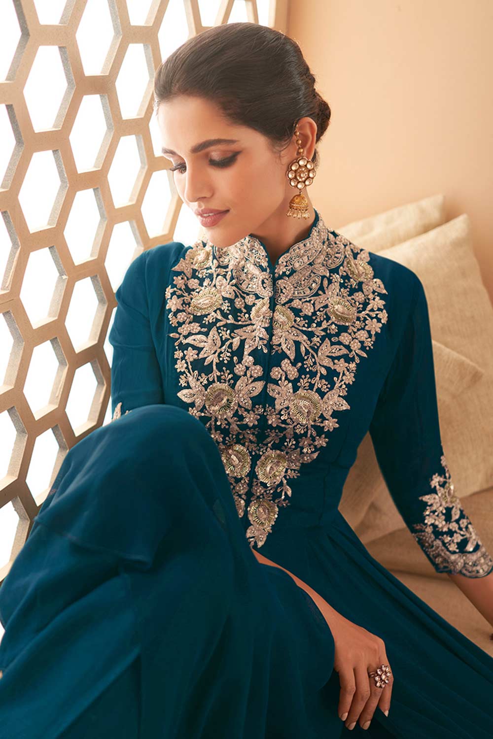 Teal Blue Georgette Embroidered Designer Suit