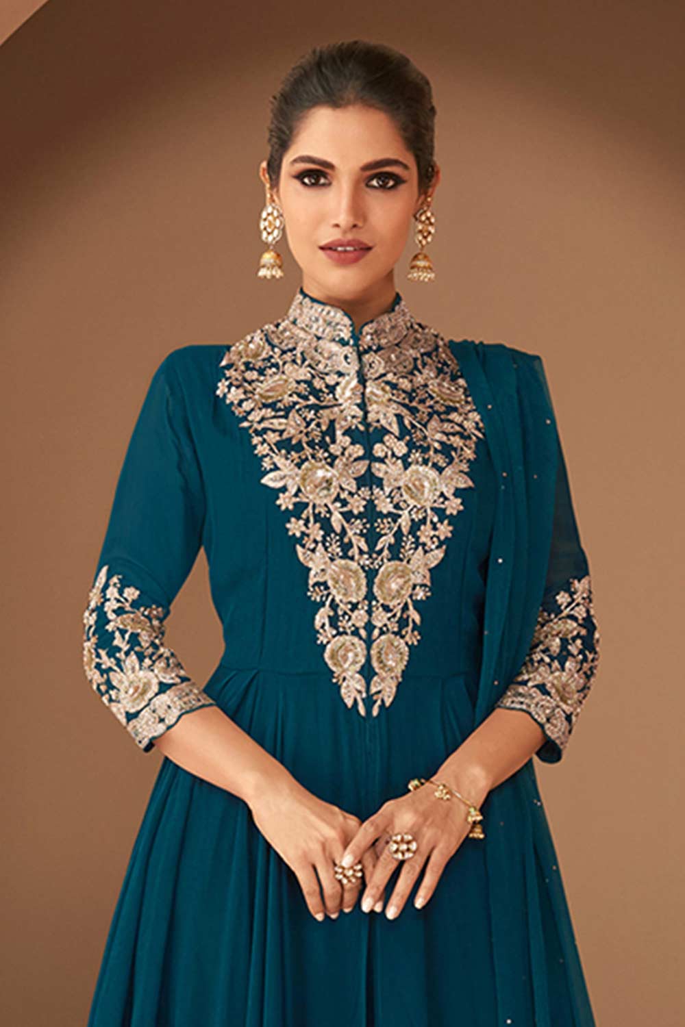 Teal Blue Georgette Embroidered Designer Suit