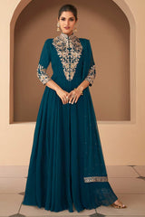 Teal Blue Georgette Embroidered Designer Suit