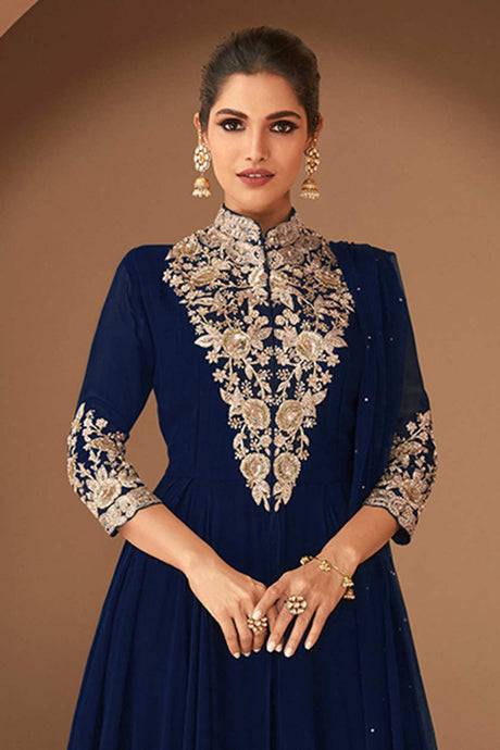 Navy Blue Georgette Embroidered Designer Suit