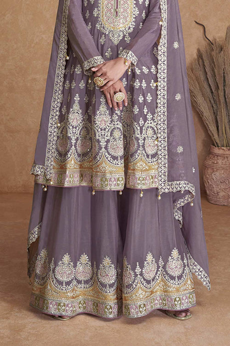 Lilac Faux Georgette Embroidered Sharara Suit