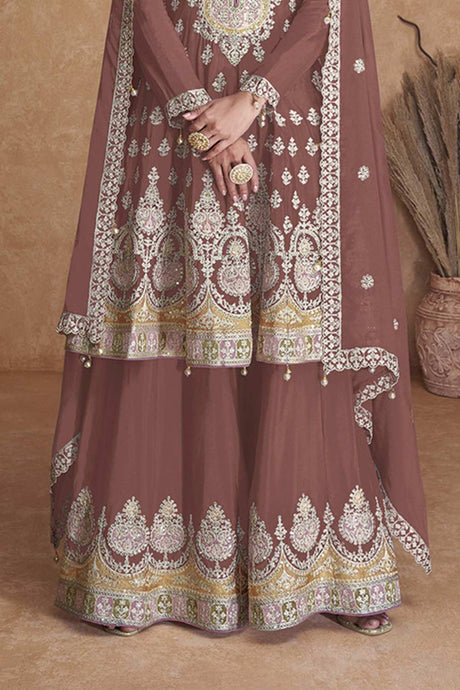 Brown Faux Georgette Embroidered Sharara Suit