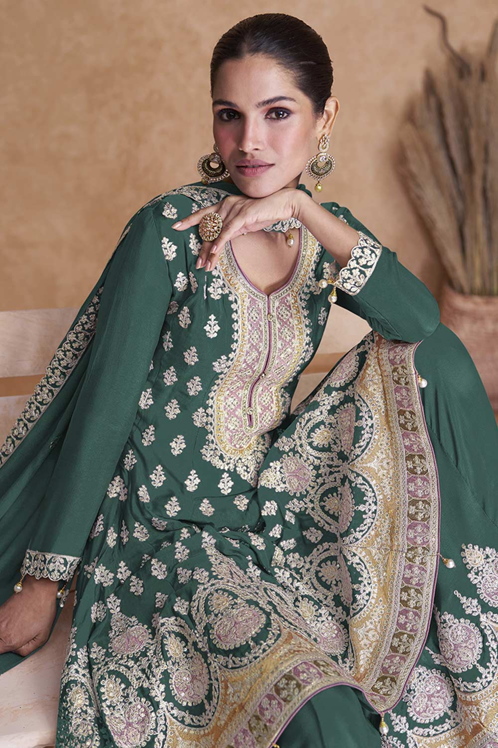 Green Faux Georgette Embroidered Sharara Suit