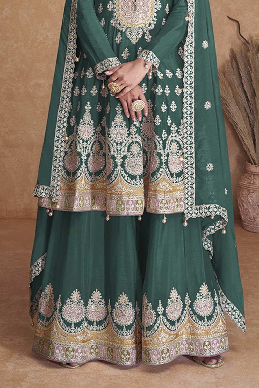 Green Faux Georgette Embroidered Sharara Suit