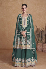 Green Faux Georgette Embroidered Sharara Suit