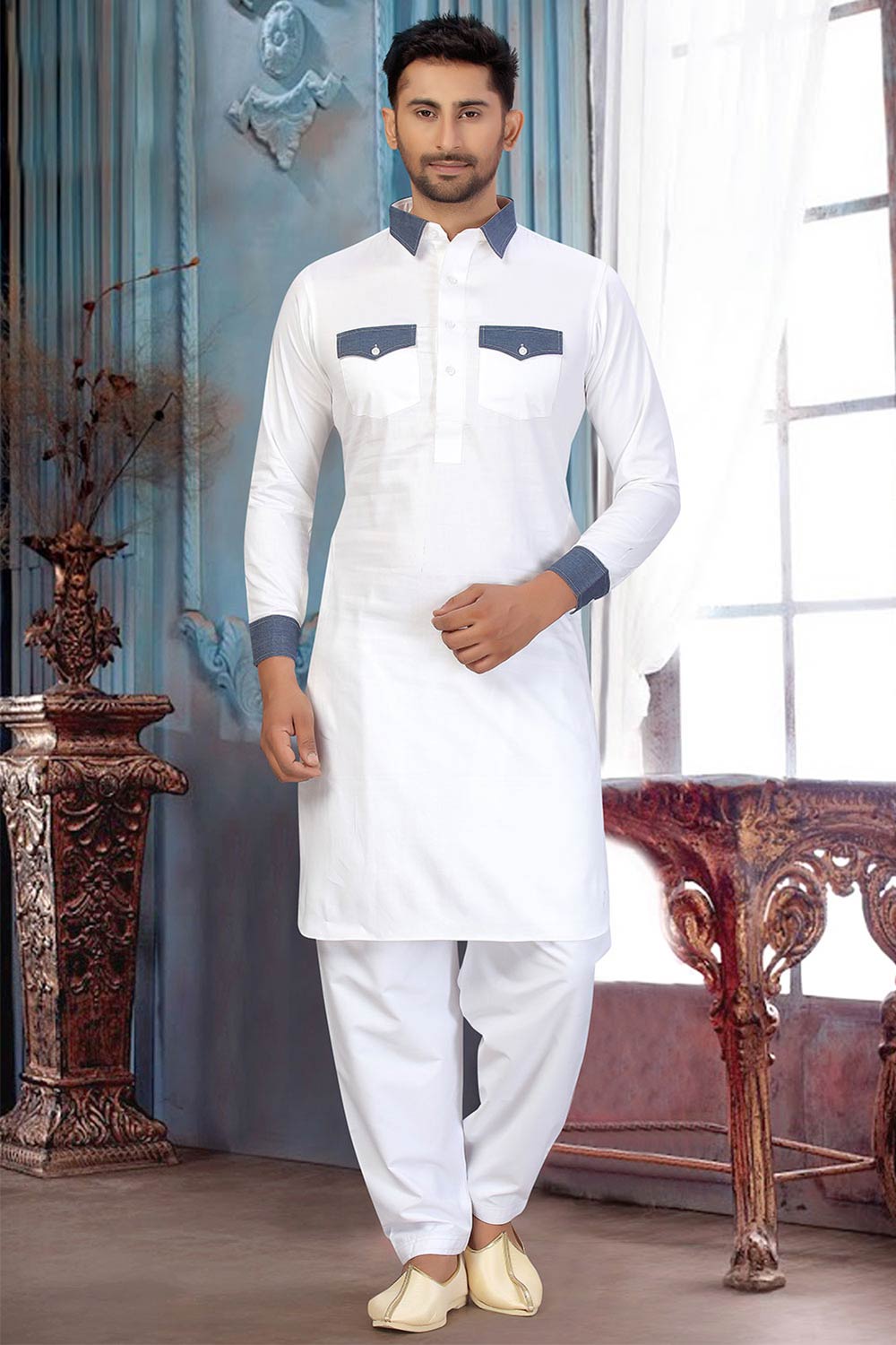 Buy Men's Blended Cotton Solid Pathani Set in White Online