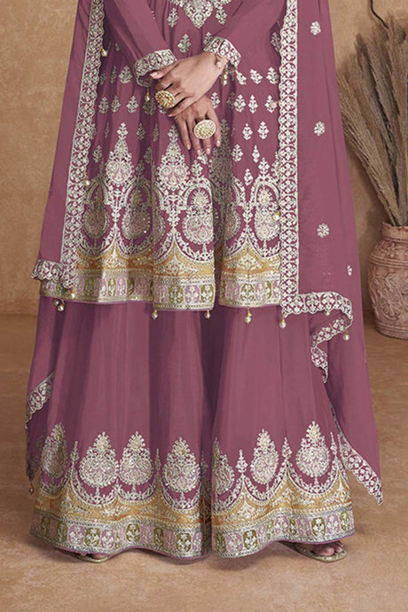 Mauve Faux Georgette Embroidered Sharara Suit