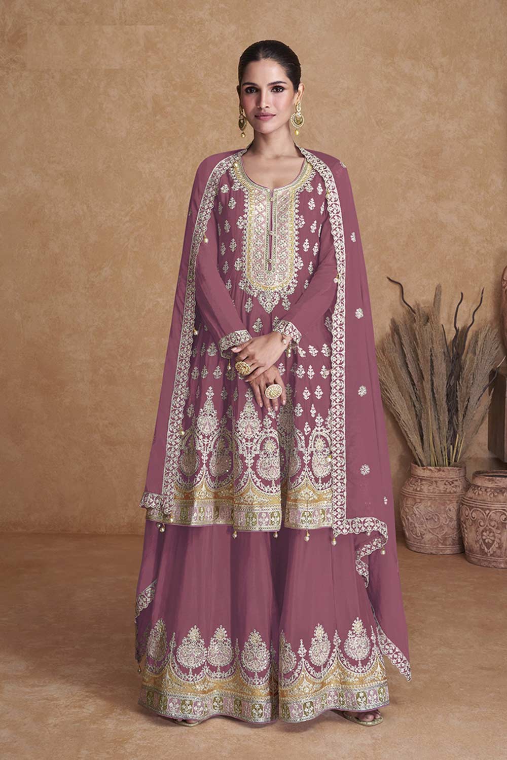 Mauve Faux Georgette Embroidered Sharara Suit