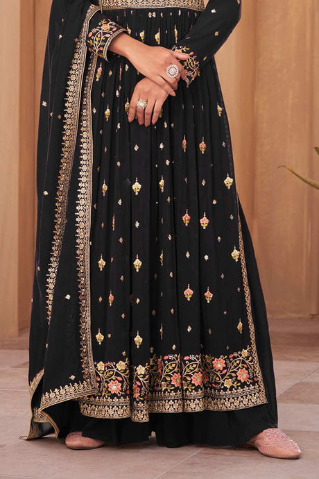 Black Georgette Embroidered Sharara Suit