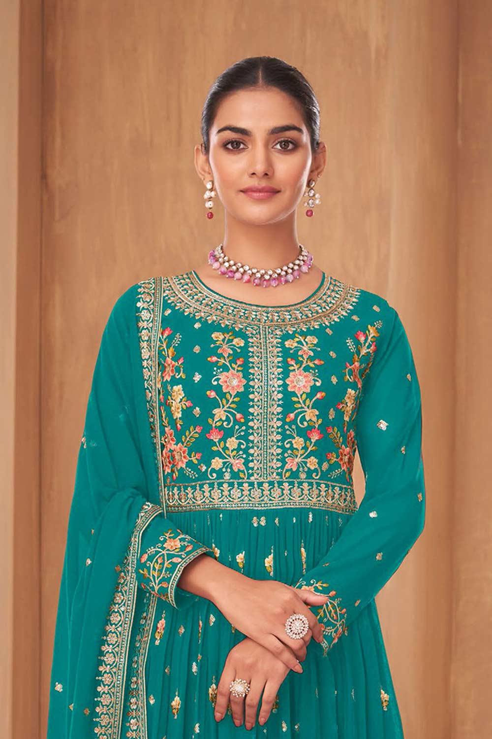 Teal Blue Georgette Embroidered Sharara Suit