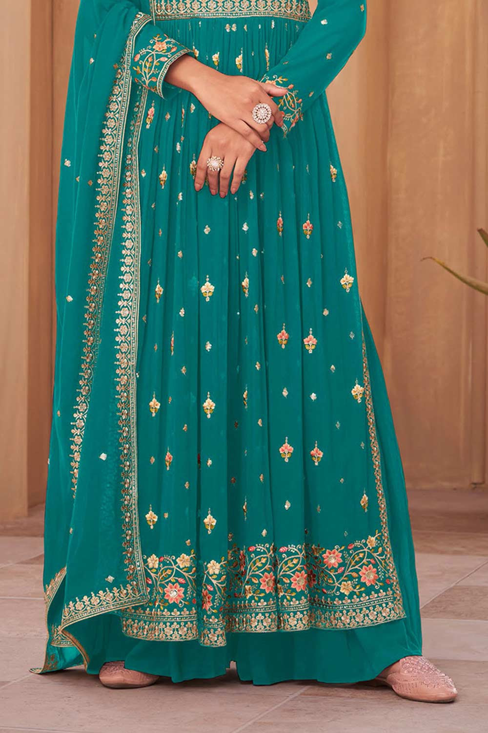 Teal Blue Georgette Embroidered Sharara Suit