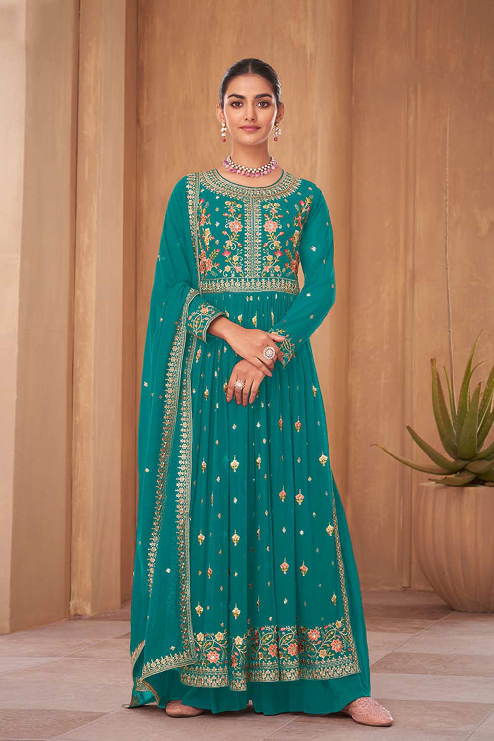 Teal Blue Georgette Embroidered Sharara Suit