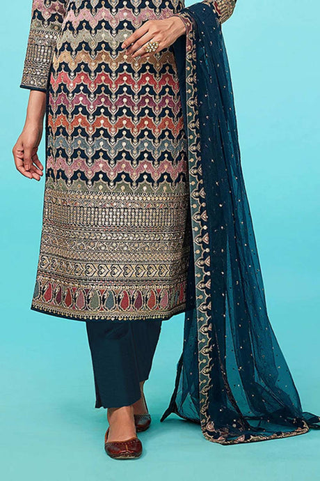 Teal Faux Georgette Embroidered Salwar Suit