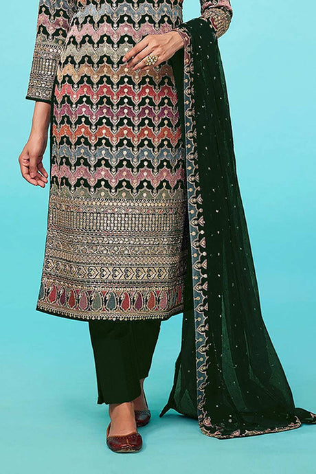 Dark Green Faux Georgette Embroidered Salwar Suit