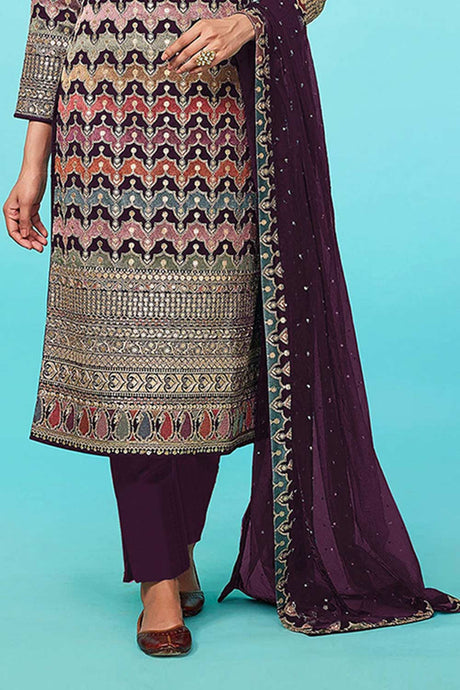 Purple Faux Georgette Embroidered Salwar Suit