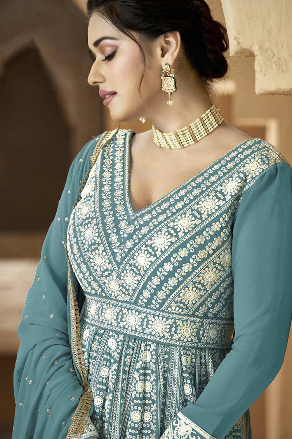 Teal Faux Georgette Embroidered Party Wear Suit