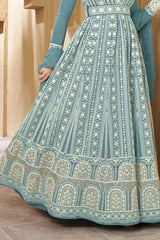 Teal Faux Georgette Embroidered Party Wear Suit