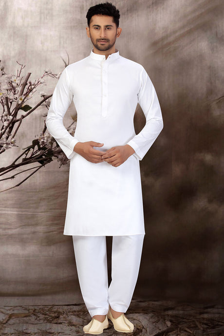 Buy Men's Blended Cotton Solid Kurta Set in White Online