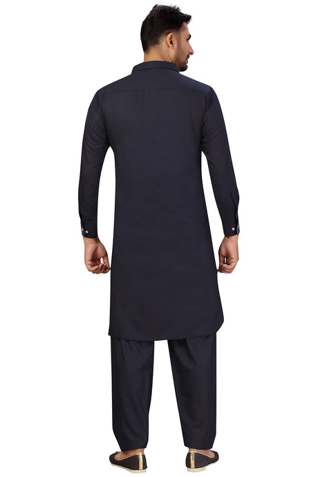 Buy Men's Blended Cotton Solid Pathani Set in Navy Blue Online - Back