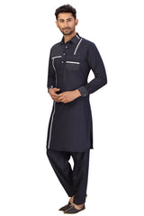 Buy Men's Blended Cotton Solid Pathani Set in Navy Blue Online - Zoom In