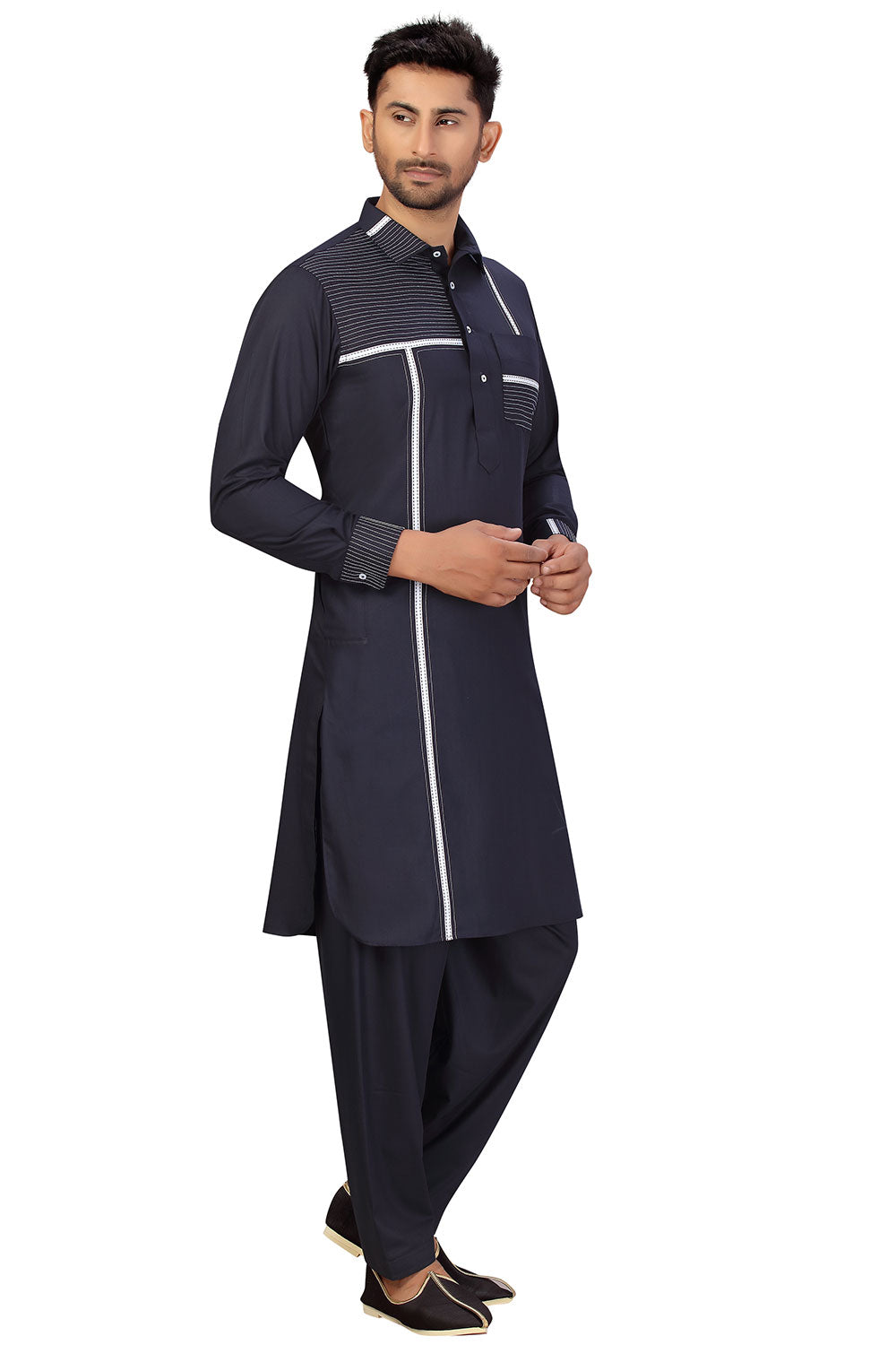 Buy Men's Blended Cotton Solid Pathani Set in Navy Blue Online - Zoom Out