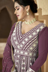 Burgundy Georgette Embroidered Palazzo Suit