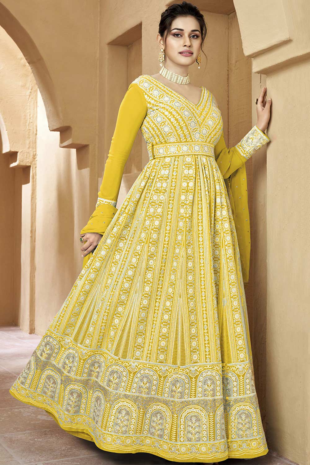 Yellow Georgette Embroidered Palazzo Suit