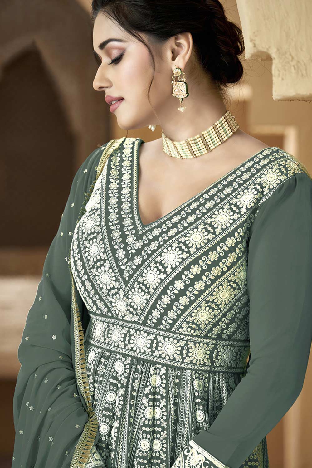 Olive Georgette Embroidered Palazzo Suit