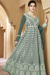 Olive Georgette Embroidered Palazzo Suit