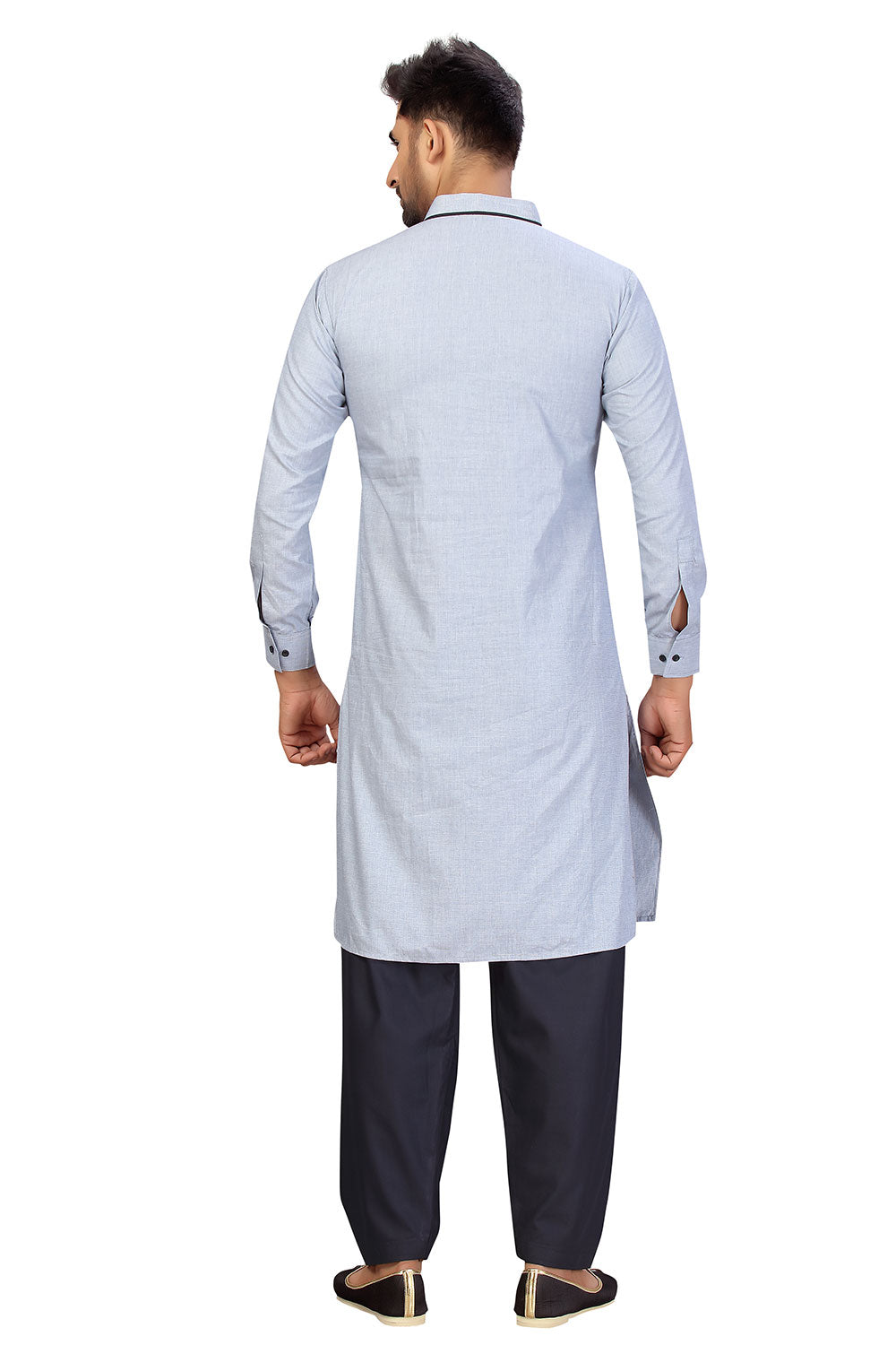 Buy Men's Blended Cotton Solid Pathani Set in Sky Blue Online - Back