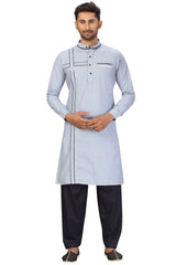 Buy Men's Blended Cotton Solid Pathani Set in Sky Blue Online - Front