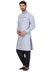 Buy Men's Blended Cotton Solid Pathani Set in Sky Blue Online - Zoom In