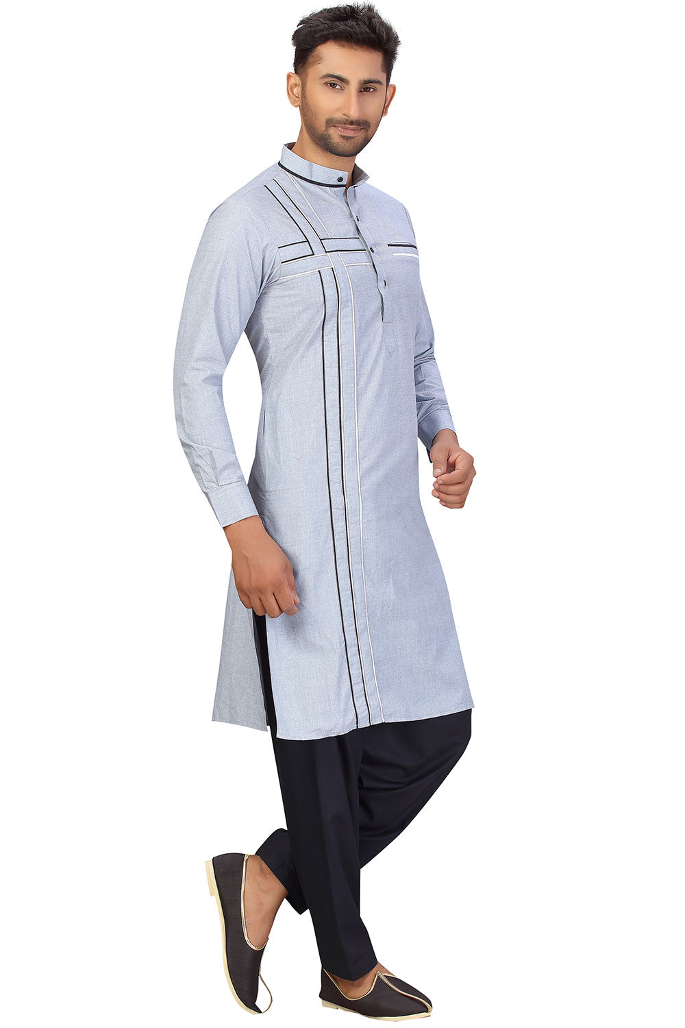 Buy Men's Blended Cotton Solid Pathani Set in Sky Blue Online - Zoom Out