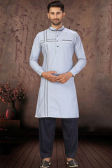 Buy Men's Blended Cotton Solid Pathani Set in Sky Blue Online