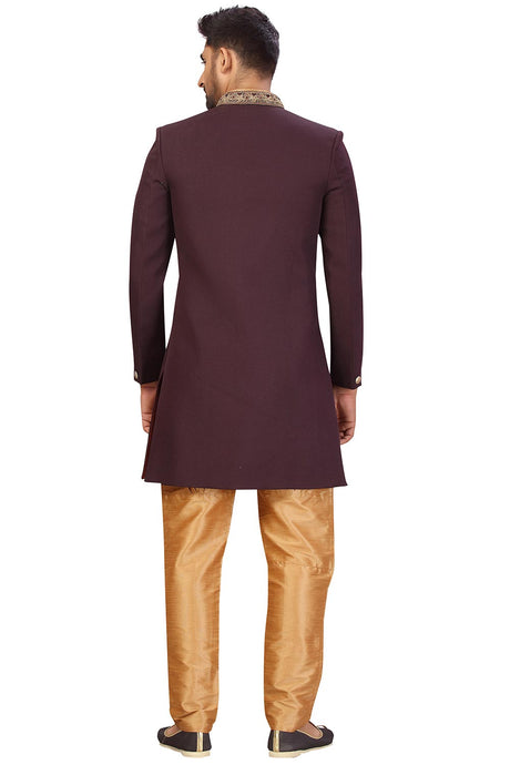 Buy Men's Imported Suiting Fabric Solid Sherwani Set in Wine  Online - Back