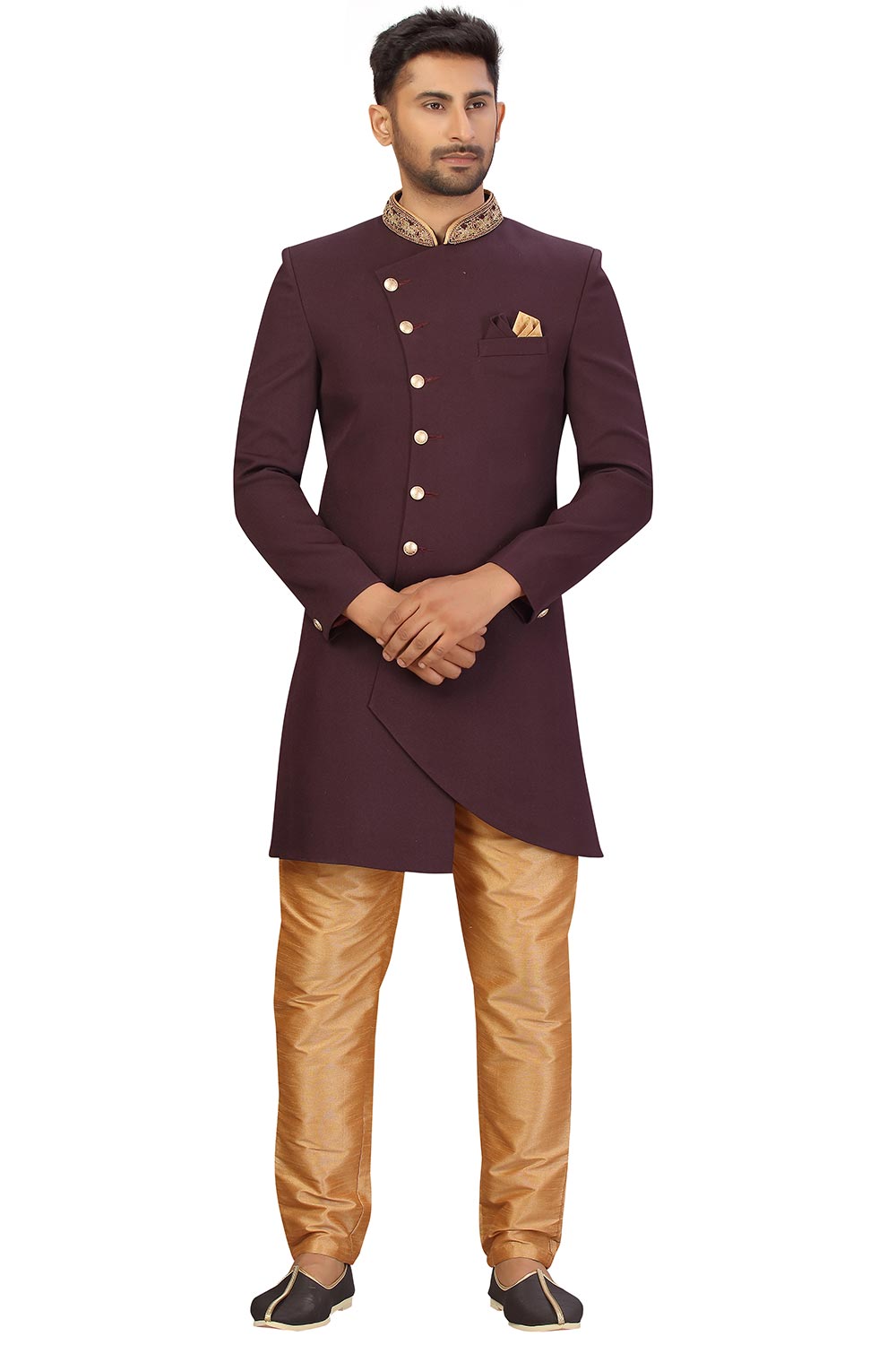 Buy Men's Imported Suiting Fabric Solid Sherwani Set in Wine  Online - Front