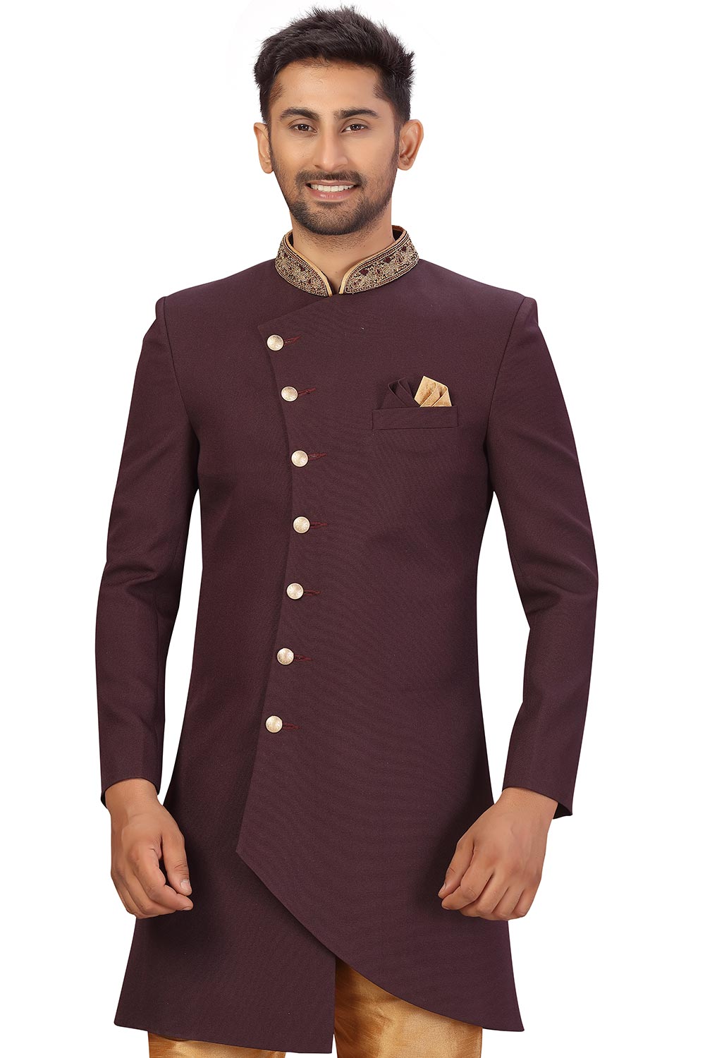 Buy Men's Imported Suiting Fabric Solid Sherwani Set in Wine  Online - Side