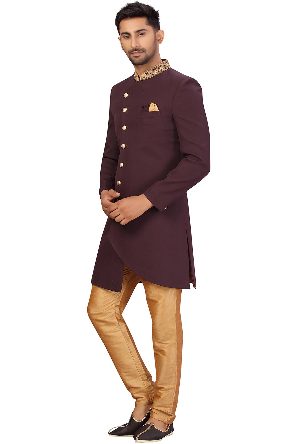 Buy Men's Imported Suiting Fabric Solid Sherwani Set in Wine  Online - Zoom In