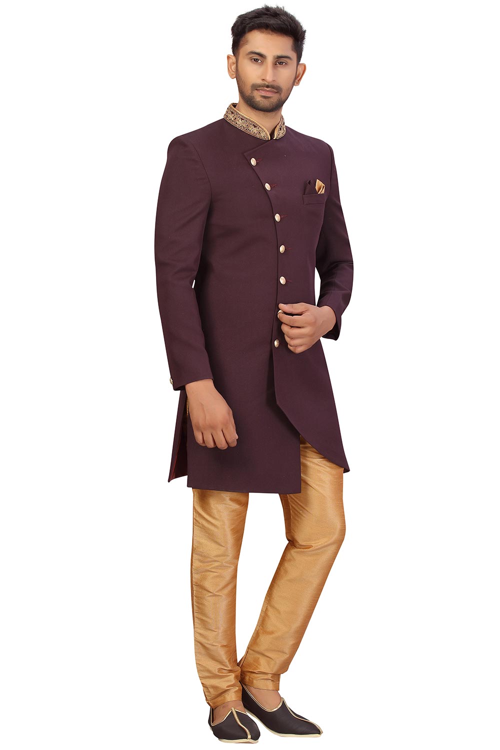 Buy Men's Imported Suiting Fabric Solid Sherwani Set in Wine  Online - Zoom Out