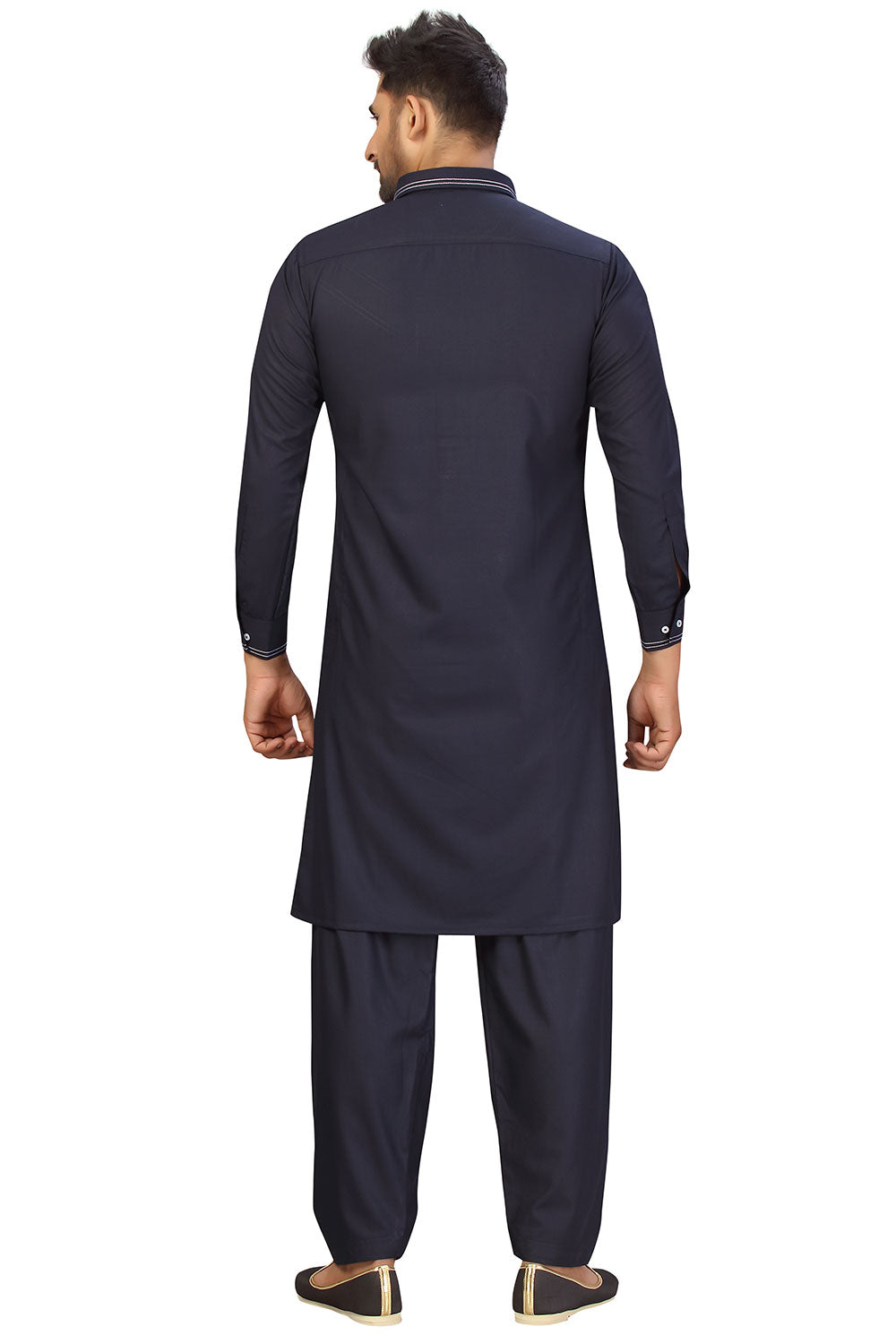 Buy Men's Blended Cotton Solid Pathani Set in Navy Blue Online - Back