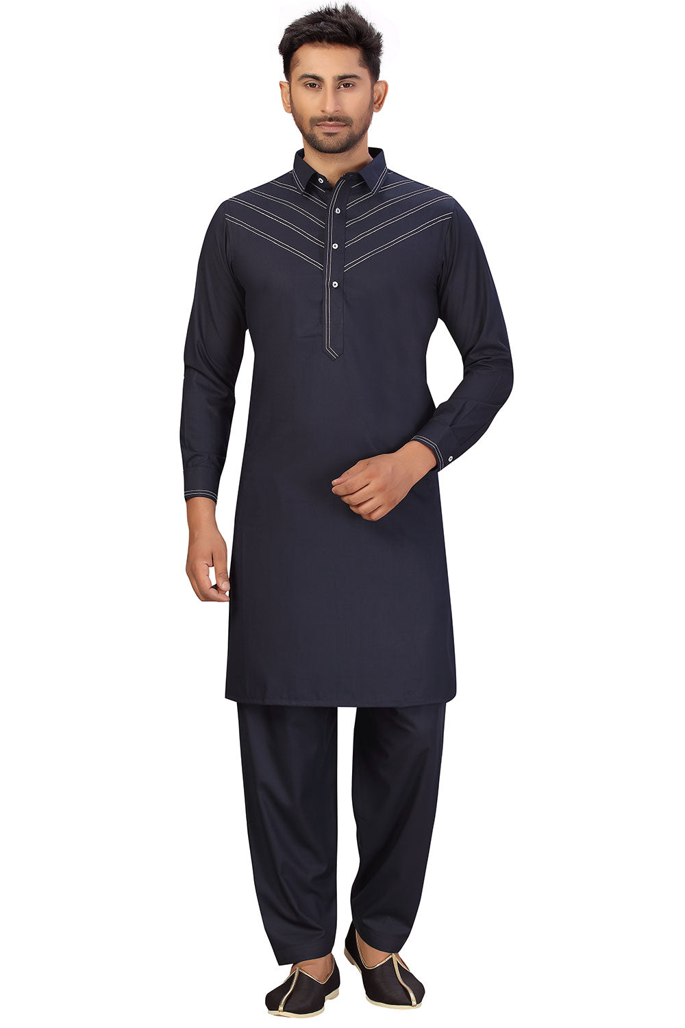 Buy Men's Blended Cotton Solid Pathani Set in Navy Blue Online - Front