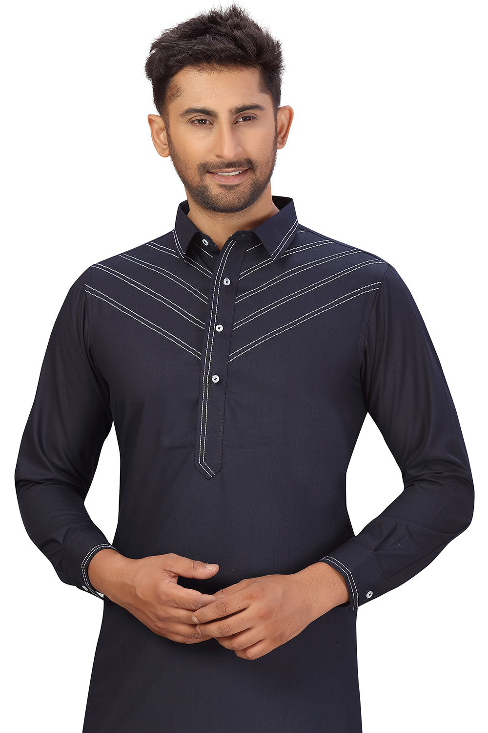 Buy Men's Blended Cotton Solid Pathani Set in Navy Blue Online - Side