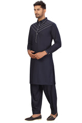 Buy Men's Blended Cotton Solid Pathani Set in Navy Blue Online - Zoom In