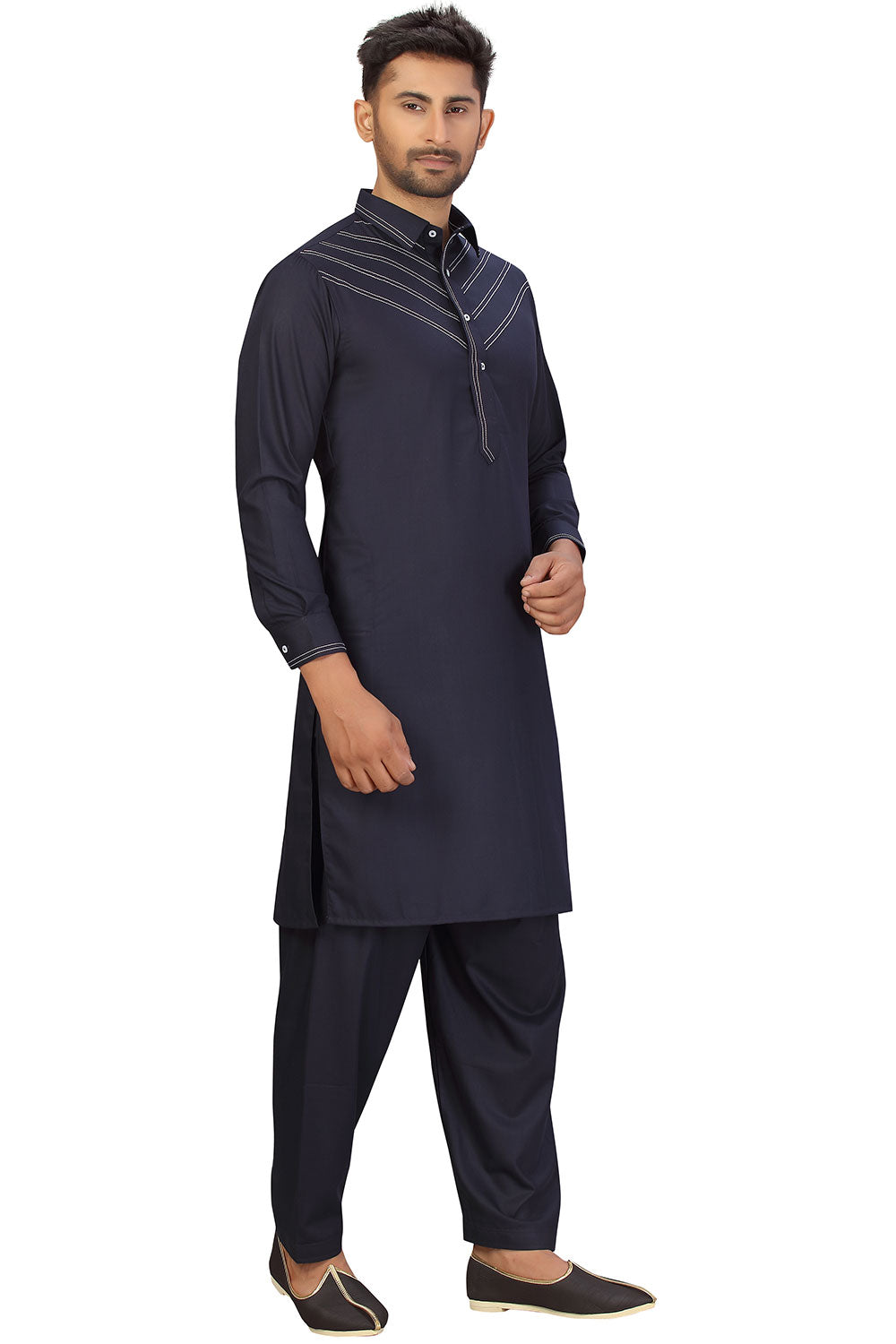 Buy Men's Blended Cotton Solid Pathani Set in Navy Blue Online - Zoom Out