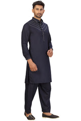 Buy Men's Blended Cotton Solid Pathani Set in Navy Blue Online - Zoom Out