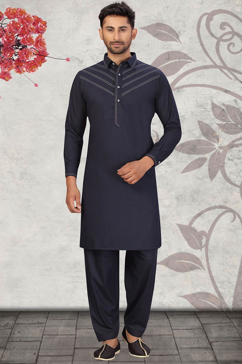 Buy Men's Blended Cotton Solid Pathani Set in Navy Blue Online