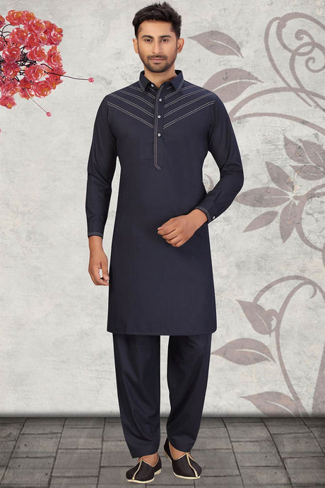 Buy Men's Blended Cotton Solid Pathani Set in Navy Blue Online