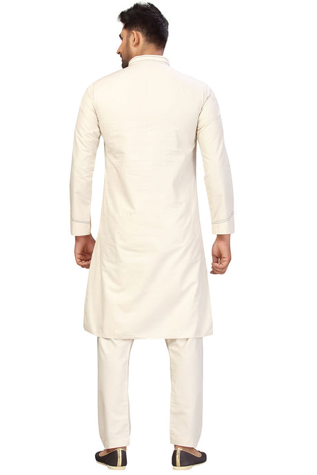Buy Men's Blended Cotton Solid Pathani Set in Cream Online - Back