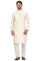 Buy Men's Blended Cotton Solid Pathani Set in Cream Online - Front